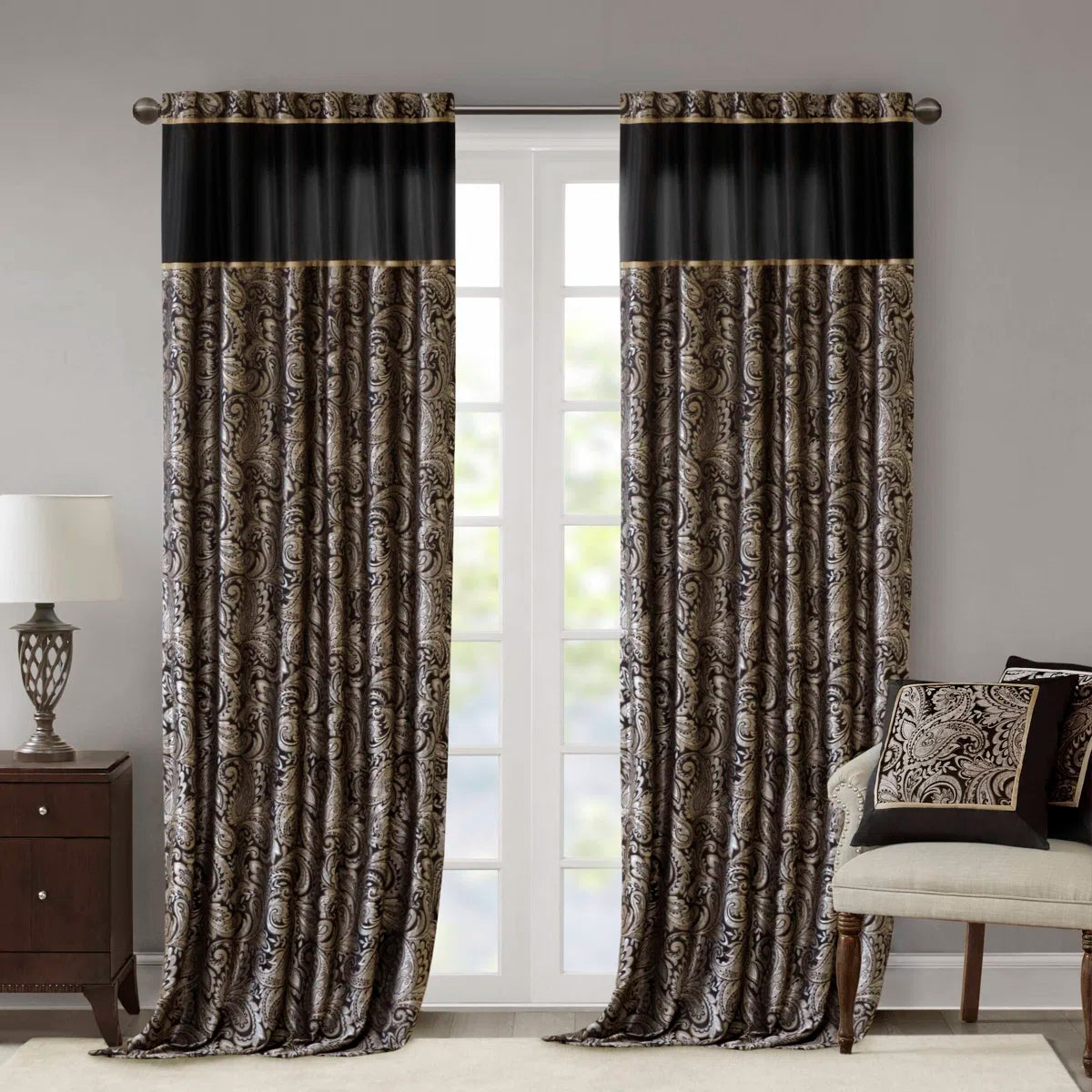 Aubrey Jacquard Black Curtain Panel Pair 50x84" (Set of 2)